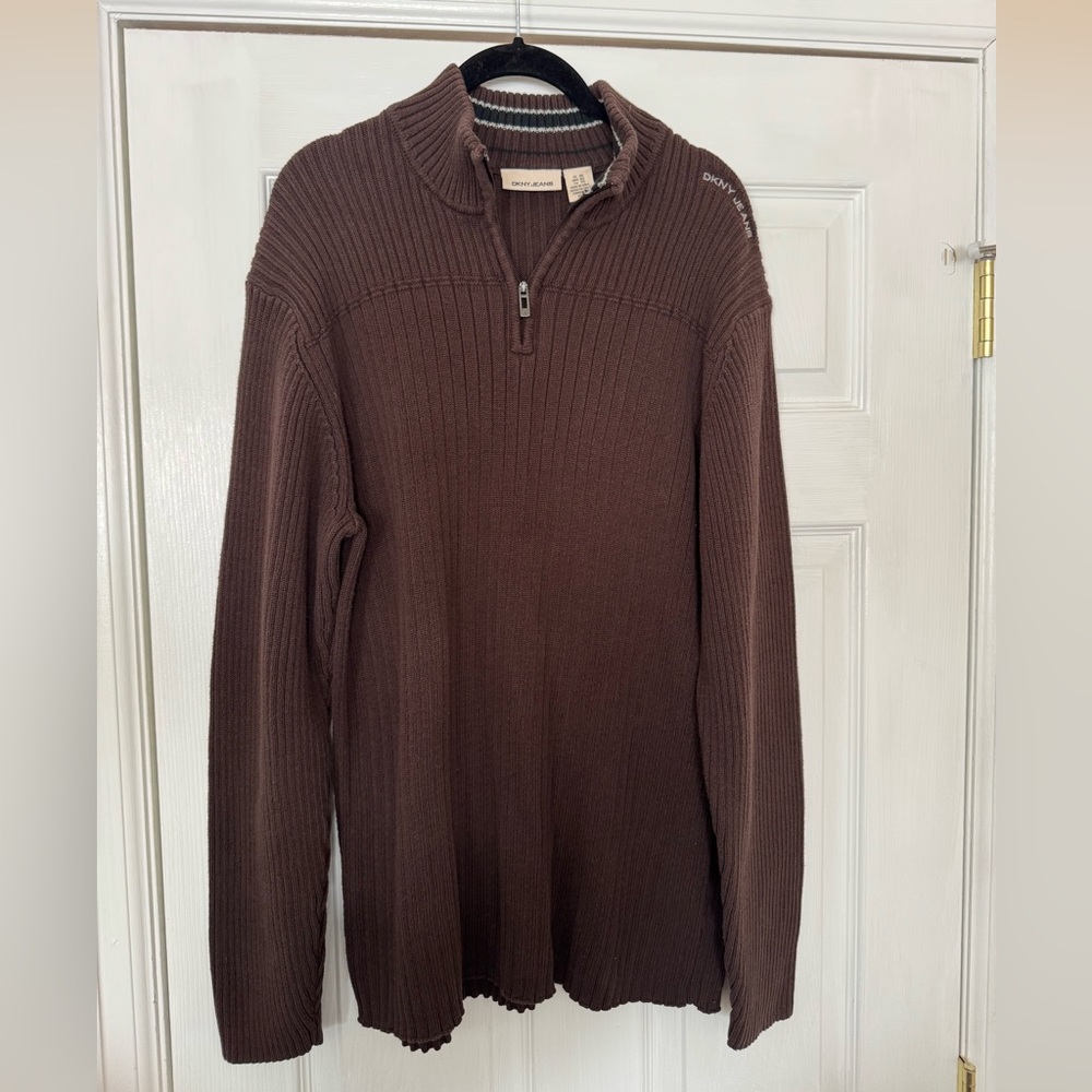 Vintage DKNY Men’s Chocolate Brown Ribbed Half-Zip Sweater. Definition of Y2K!